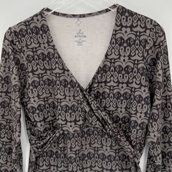 Prana Printed V-Neck Faux Wrap Twist Front Dress Black Grey Stretch Size Medium - Picture 2 of 8